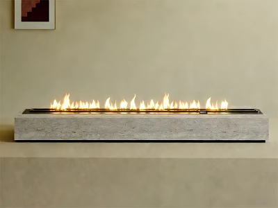 Elegant Modern Linear Concrete Fireplace With Bright Burning Flames In Neutral Interior 3d model
