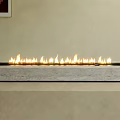 Elegant Modern Linear Concrete Fireplace With Bright Burning Flames In Neutral Interior 3d model