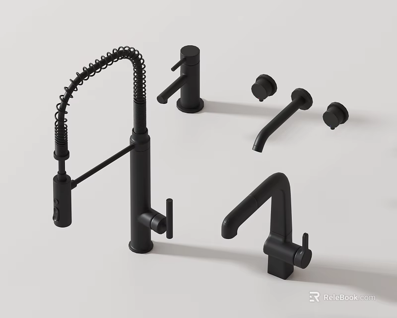 Black Modern Kitchen Faucets With Coiled Spray Hose And Various Designs 3d model
