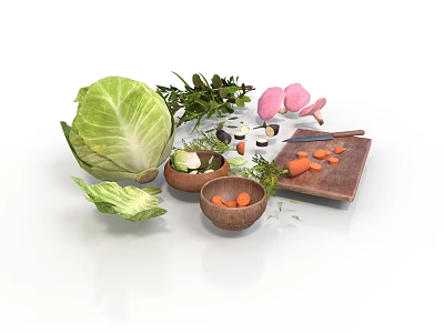 Fresh Food Ingredients Cabbage Carrots Green Vegetables With Wooden Bowls Cutting Board And Knife 3d model