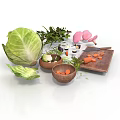 Fresh Food Ingredients Cabbage Carrots Green Vegetables With Wooden Bowls Cutting Board And Knife