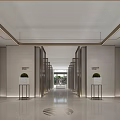 Modern Front Desk Reception Interior With Marble Walls Recessed Lighting Potted Plants And Patterned Floor