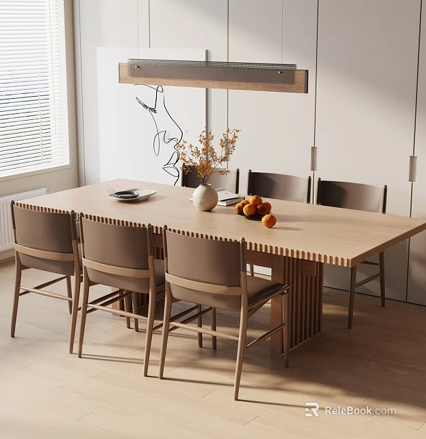 Minimalist Wooden Dining Table Set with Chairs Vase Dried Flowers Fruits and Hanging Light 3d model 
