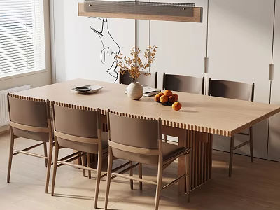 Minimalist Wooden Dining Table Set with Chairs Vase Dried Flowers Fruits and Hanging Light 3d model