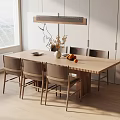 Minimalist Wooden Dining Table Set with Chairs Vase Dried Flowers Fruits and Hanging Light