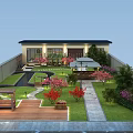 Aerial View Planning of Rooftop Garden With Lawn Pathway Pavilion and Flowers