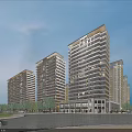Modern High Rise Residential Buildings With Greenery Trees And Street Pedestrians