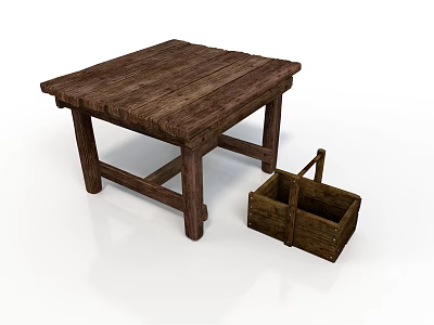 Rustic Wooden Square Table And Small Basket For Home Living Essentials 3d model