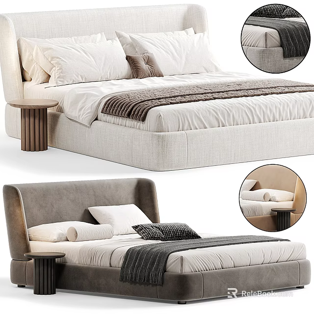 Modern Double Bed With Upholstered Headboard Bedside Table And Linen Bedding 3d model 
