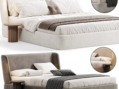 Modern Double Bed With Upholstered Headboard Bedside Table And Linen Bedding 3d model