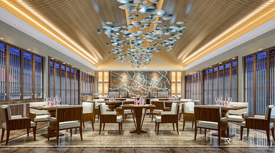 Elegant Restaurant Interior With Fish Shaped Pendant Lights Wooden Tables And Chairs 3d model 