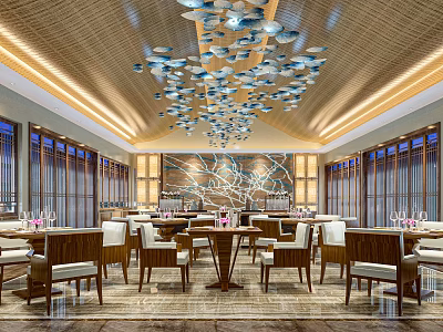 Elegant Restaurant Interior With Fish Shaped Pendant Lights Wooden Tables And Chairs 3d model