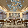 Elegant Restaurant Interior With Fish Shaped Pendant Lights Wooden Tables And Chairs