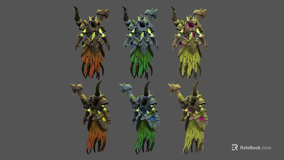 Multiple Fantasy Characters With Horns Glowing Details And Colorful Decorative Armor Designs 3d model 