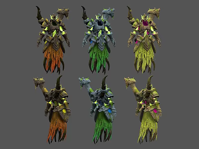 Multiple Fantasy Characters With Horns Glowing Details And Colorful Decorative Armor Designs 3d model