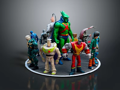 Diverse Superhero Character Action Figures with Unique Designs on Circular Display Platform 3d model