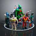 Diverse Superhero Character Action Figures with Unique Designs on Circular Display Platform