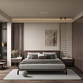 Modern Bedroom Interior Design With Wooden Bed Frame Abstract Wall Art And Light Rug