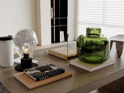 Modern Transparent Inflatable Sphere Decor On Wooden Table With Books Lamp And Green Jar 3d model