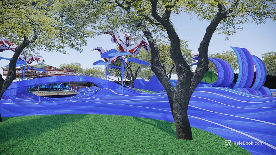 Vibrant Children's Play Area With Blue Wavy Ground Green Grass And Trees 3d model 
