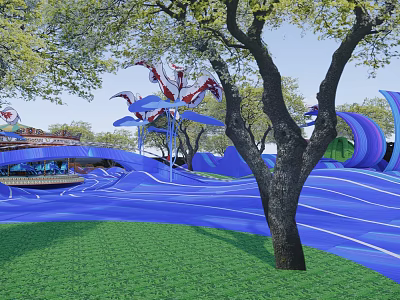 Vibrant Children's Play Area With Blue Wavy Ground Green Grass And Trees 3d model