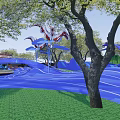 Vibrant Children's Play Area With Blue Wavy Ground Green Grass And Trees