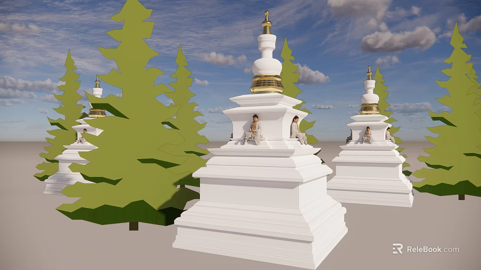 White Stupa With Golden Top Surrounded by Green Pine Trees Under Cloudy Sky 3d model 