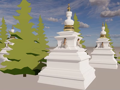 White Stupa With Golden Top Surrounded by Green Pine Trees Under Cloudy Sky 3d model
