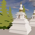 White Stupa With Golden Top Surrounded by Green Pine Trees Under Cloudy Sky