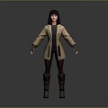 A Woman Wearing Beige Trench Coat Black Short Skirt Brown Knee High Boots Gray Background