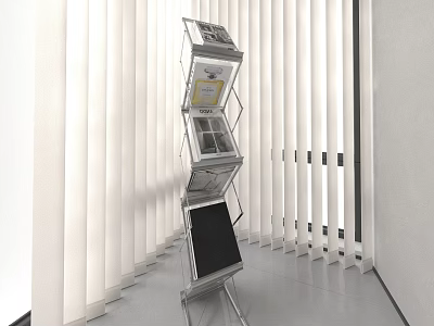 Magazines And Books On Metal Multi Tiered Stand In Indoor Setting With White Blinds 3d model