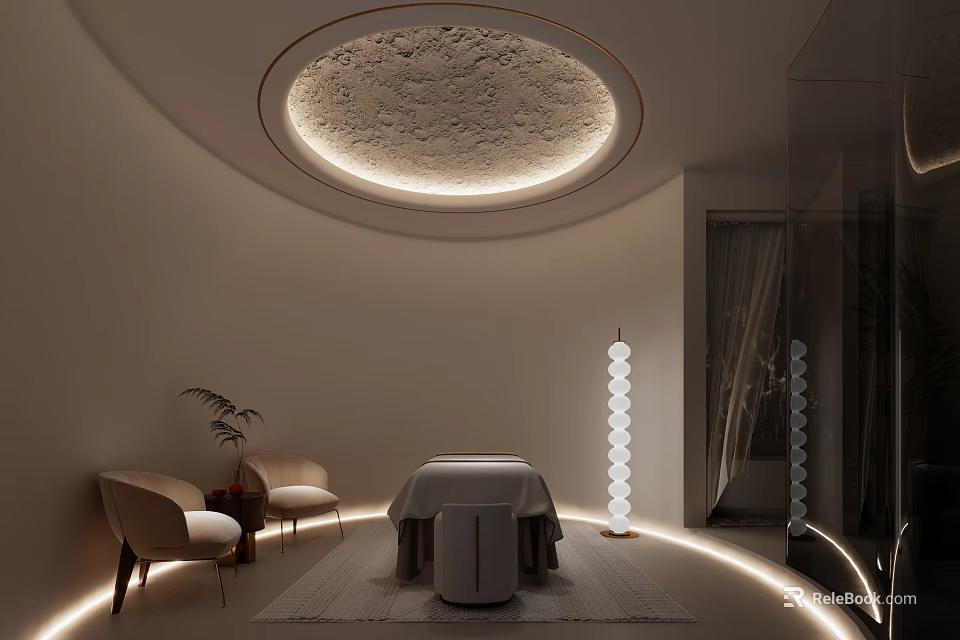 Serene SPA Sauna Interior With Round Ceiling Light Cozy Seats And Soft Ambient Lighting 3d model 