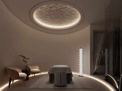 Serene SPA Sauna Interior With Round Ceiling Light Cozy Seats And Soft Ambient Lighting 3d model