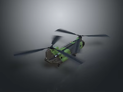 Detailed Green Military Helicopter With Rotor Blades Flying In Gray Background 3d model