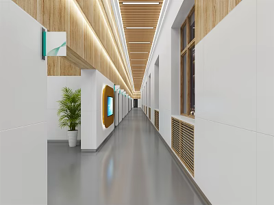 Modern Hospital Outpatient Clinic Corridor With Wooden White Walls Green Plant And Lighting 3d model