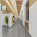 Modern Hospital Outpatient Clinic Corridor With Wooden White Walls Green Plant And Lighting
