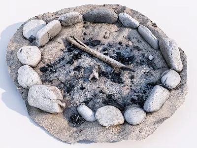 Garden Decorative Stone Fire Pit with Circular Stone Border Ash and Wooden Stick 3d model