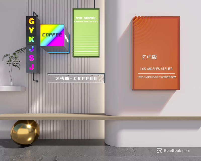 Road Facilities With Coffee Shop And Atelier Signs On Urban Commercial Street 3d model 