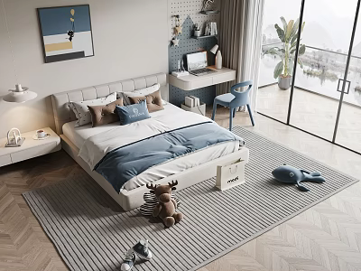 Cozy Kids Room Interior With Bed Pillows Desk Blue Chair Stuffed Toys And Striped Rug 3d model