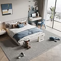 Cozy Kids Room Interior With Bed Pillows Desk Blue Chair Stuffed Toys And Striped Rug