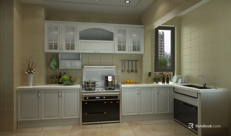 Modern Kitchen Interior With White Cabinets Glass Doors And Clean Countertops 3d model 