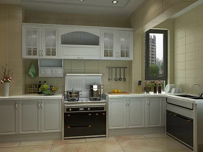 Modern Kitchen Interior With White Cabinets Glass Doors And Clean Countertops 3d model