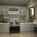 Modern Kitchen Interior With White Cabinets Glass Doors And Clean Countertops