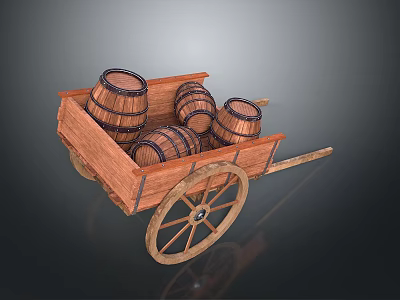 Wooden Cart Loaded With Wooden Barrels With Spoked Wheels And Vintage Design 3d model