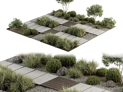 Natural Stone Pathway and Wood Deck in Garden Landscape with Green Plants Bushes and Trees 3d model