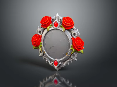 Ornate Decorative Mirror With Red Roses Silver Frame Red Gemstones And Cracked Glass 3d model