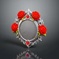 Ornate Decorative Mirror With Red Roses Silver Frame Red Gemstones And Cracked Glass