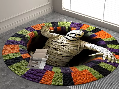 Halloween Themed Round Rug With 3D Mummy Pattern And Colorful Stripes Design 3d model
