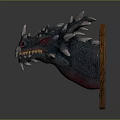 Fierce Blue Dragon Head Mounted On Wooden Shield With Sharp Spikes And Red Eyes