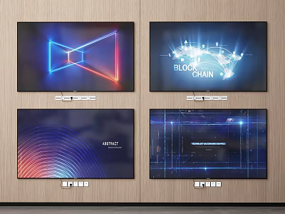 Four Televisions Displaying Different Tech Digital Content on Wooden Wall 3d model